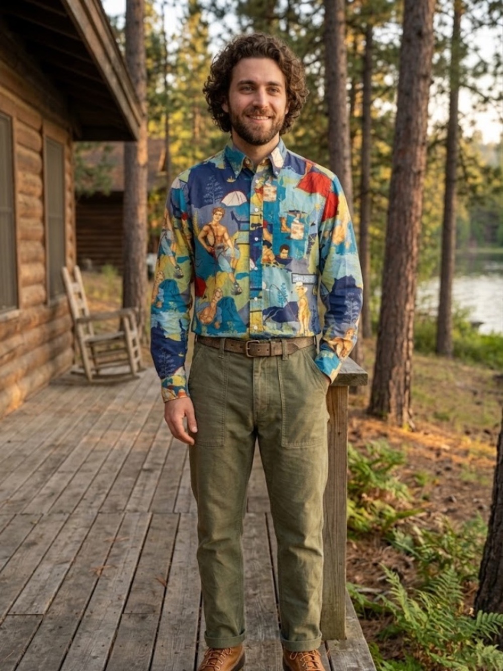 Gitman Bros Vintage Men's Camping Guys Retro Pattern Button Down Shirt Size L